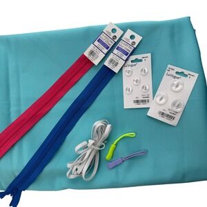 2.5M Turquoise Cotton Deadstock Fabric Zippers + Pull Tabs Elastic Buttons LOT